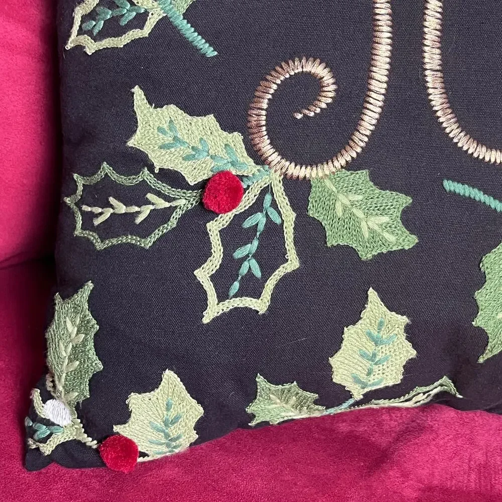 Pier 1 Holiday Accent Pillow 'JOY' Holly Leaves Berries Embroidered Christmas
